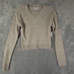 BP Womens Cropped Sweater Gray Heathered Long Sleeve V‎ Neck Ribbed Knit M New